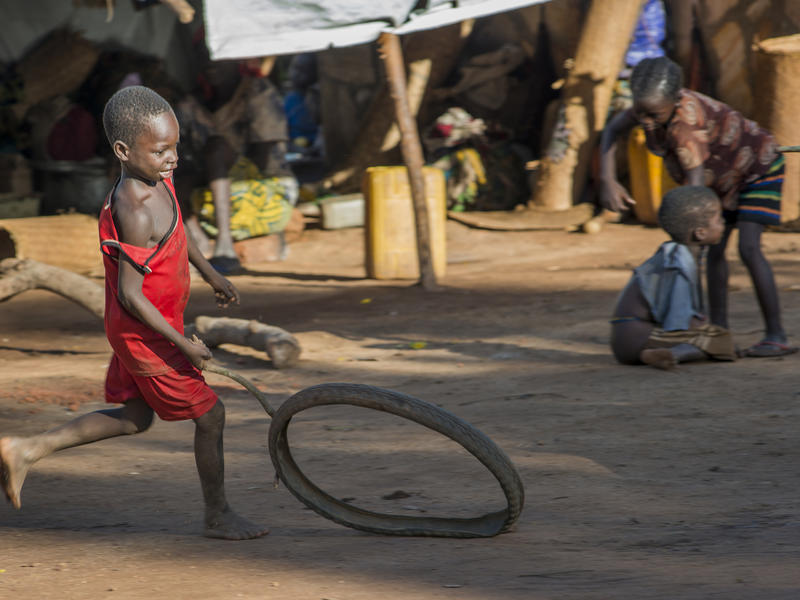 A boy plays in a makeshift camp in Kaga Bandoro A boy plays in a makeshift camp in Kaga Bandoro