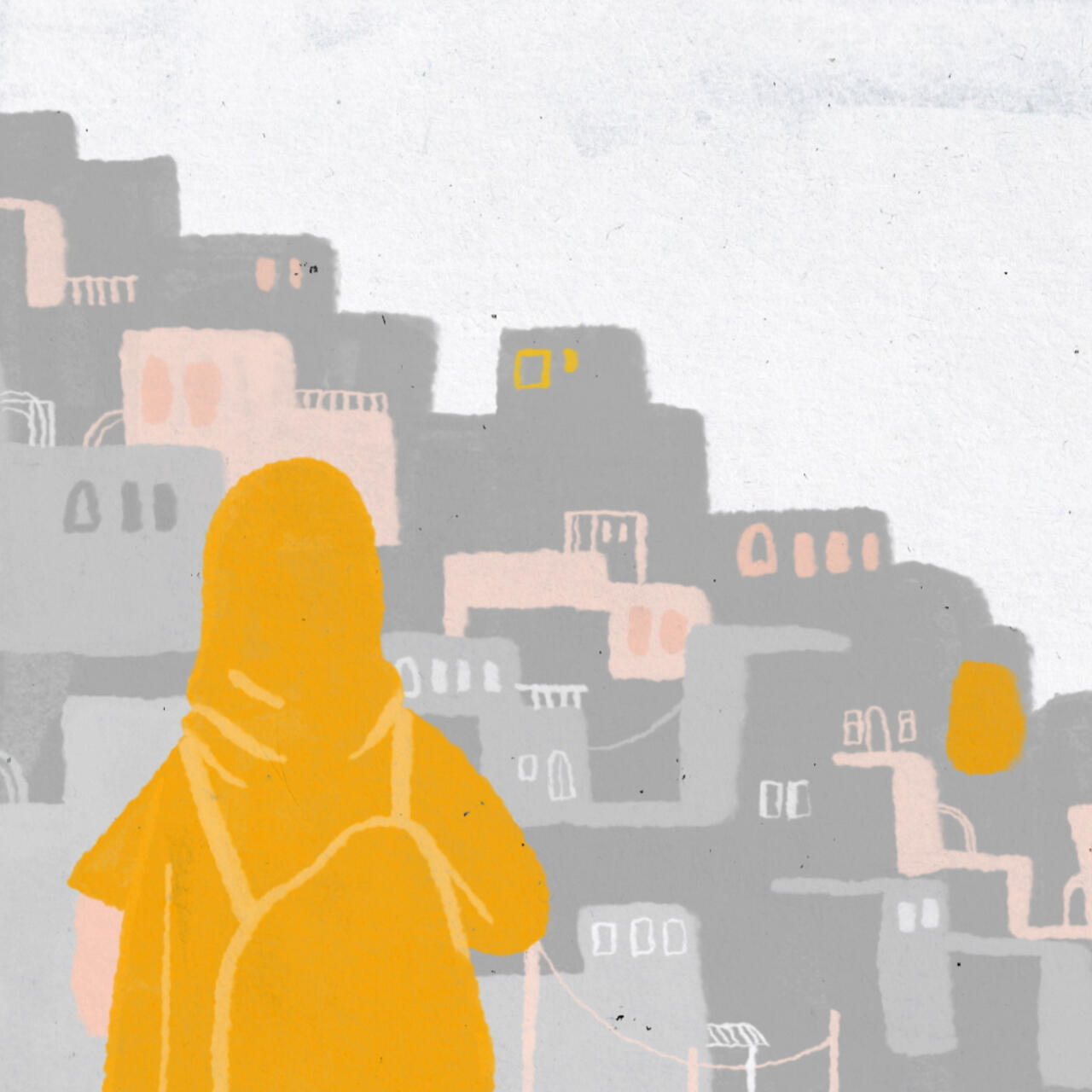 Animation of a girl dressed in orange staring out at a city in grey and pink colours