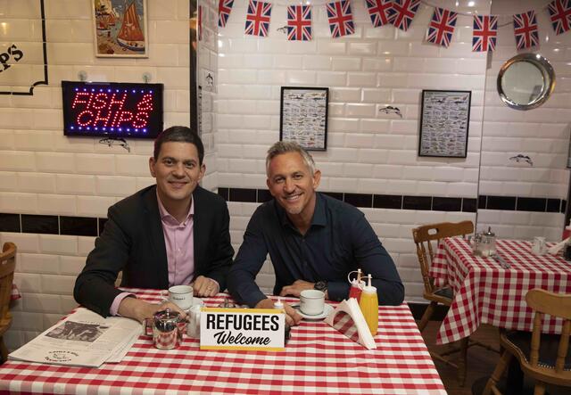 Gary Lineker in a fish and chip shop with David Miliband