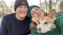 A selfie of Inna with her husband and dog in the snow