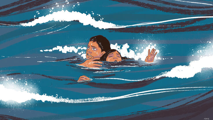 Illustration by Ada Jusic of Ali carrying his sister as he swam across the river.